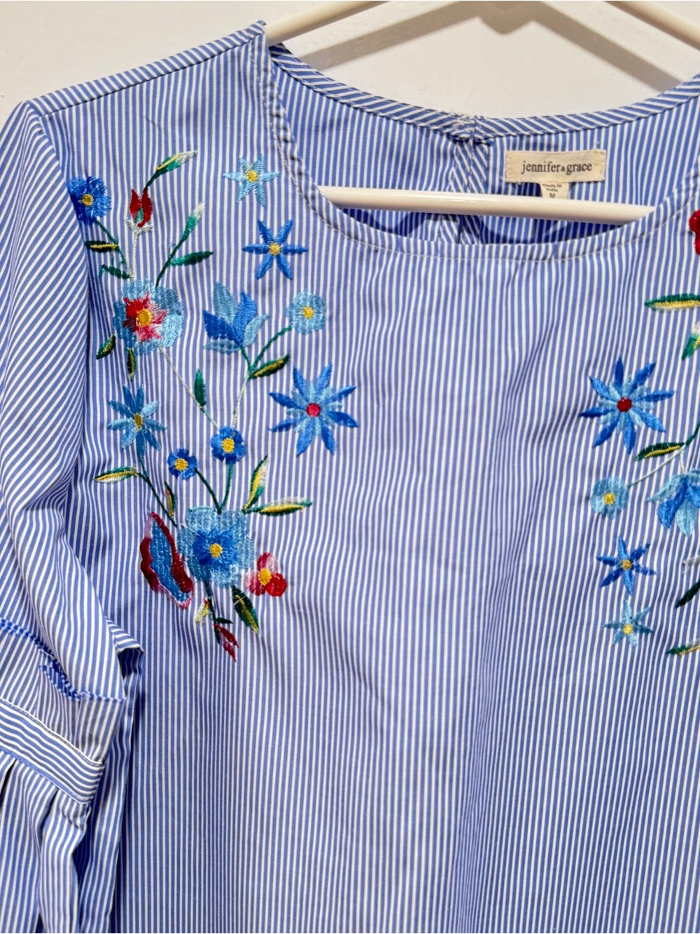 Blue Striped Embroidered Floral Blouse by Jennifer Grace - Picture 2 of 4